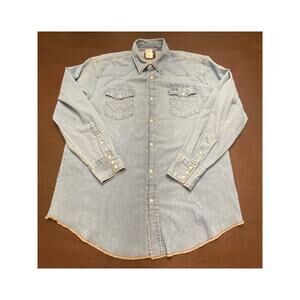 Wrangler Blue Denim Chambray Pearl Snap‎ Western Shirt 2X Tall Cowgirl Western